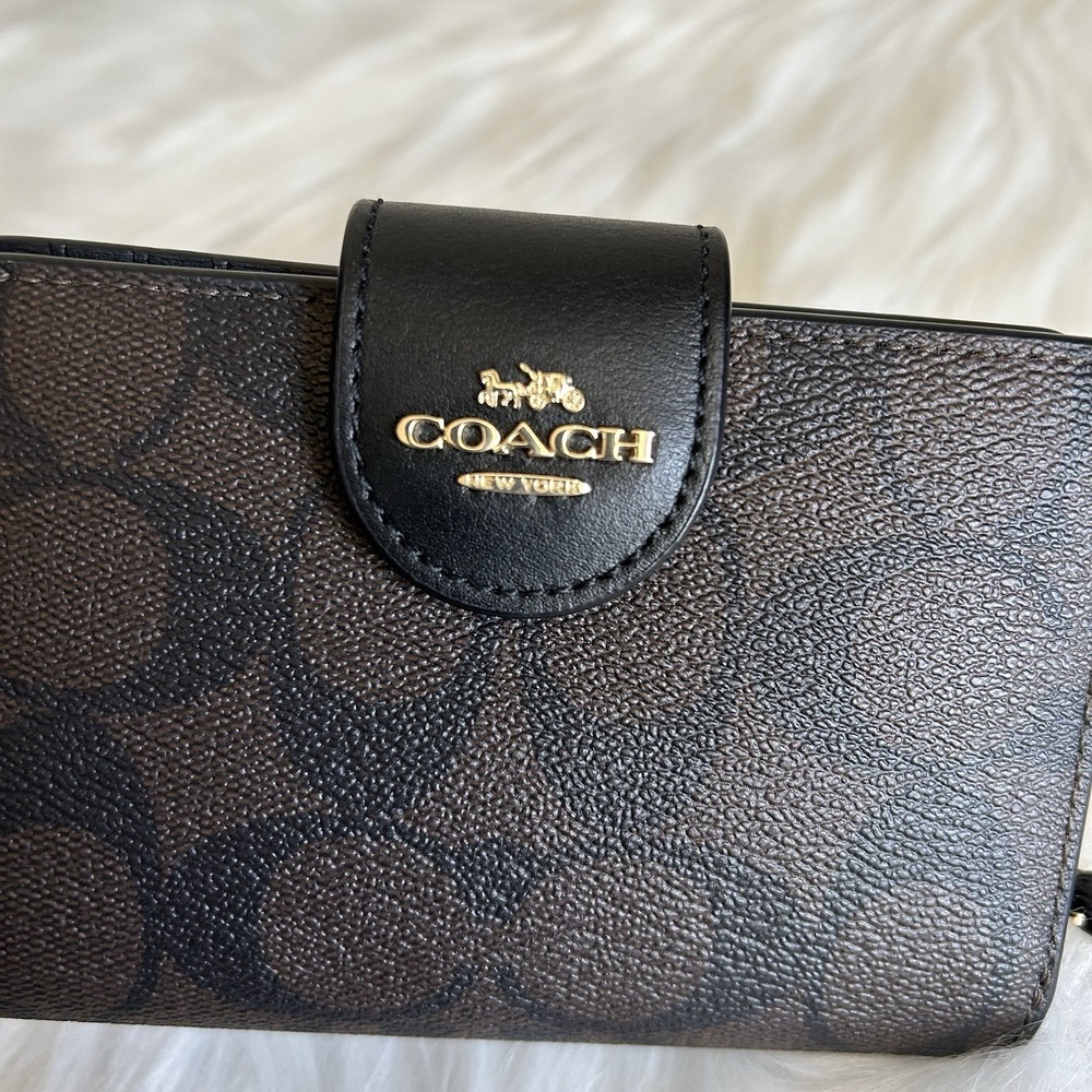 Coach Medium Corner Zip Brown Black Signature Canvas Leather Wallet Excellent - Picture 6 of 6